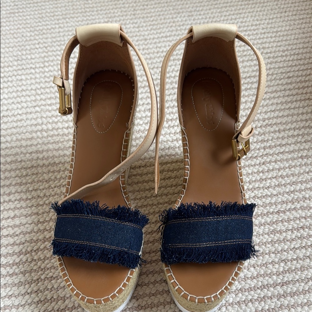 See By Chloé Navy Denim Fringe & Tan Espadrille Wedges